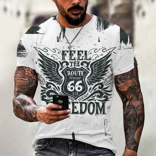 Summer New Mens T Shirts Oversized Loose Clothes Vintage Short Sleeve Fashion America Route 66 Letters Printed O Collared Tshirt